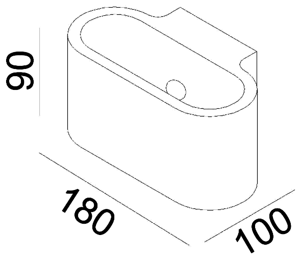 Maßzeichnung der Gypsy Oval Wandleuchte: Höhe 90 mm, Breite 180 mm, Ausladung 100 mm