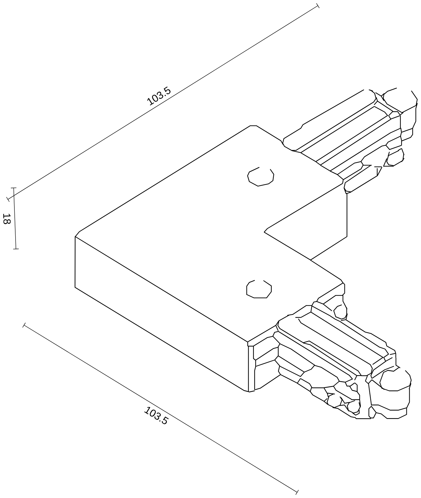 Plan coté A-Track Connecteur d'angle 90° 1 phase