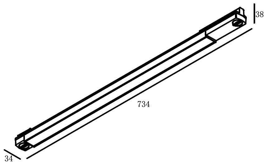 Dimensioned drawing of the A-Line Opal 60 Track Light: L 734 × W 34 × H 38 mm, height including adapter