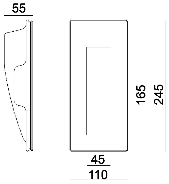 Maßzeichnung der Ziggy Einbau-Wandleuchte: Höhe 245 mm, Breite 110 mm, Tiefe 55 mm, Lichtöffnung 165 × 45 mm