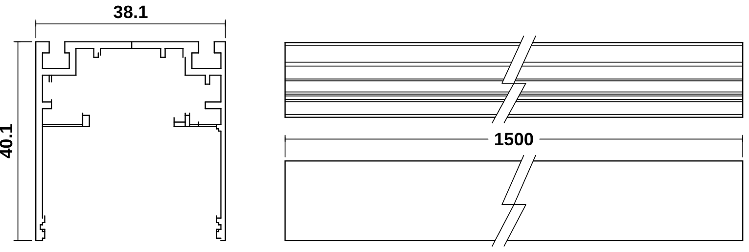 Dimensioned drawing of the A-Line 1-phase track: cross-section 38.1 × 40.1 mm and length 1500 mm