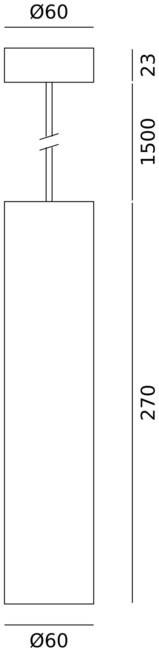 Plan coté de la Floyd Suspension : rosace Ø60 × 23 mm, tube Ø60 × 270 mm ; câble 1500 mm hors échelle