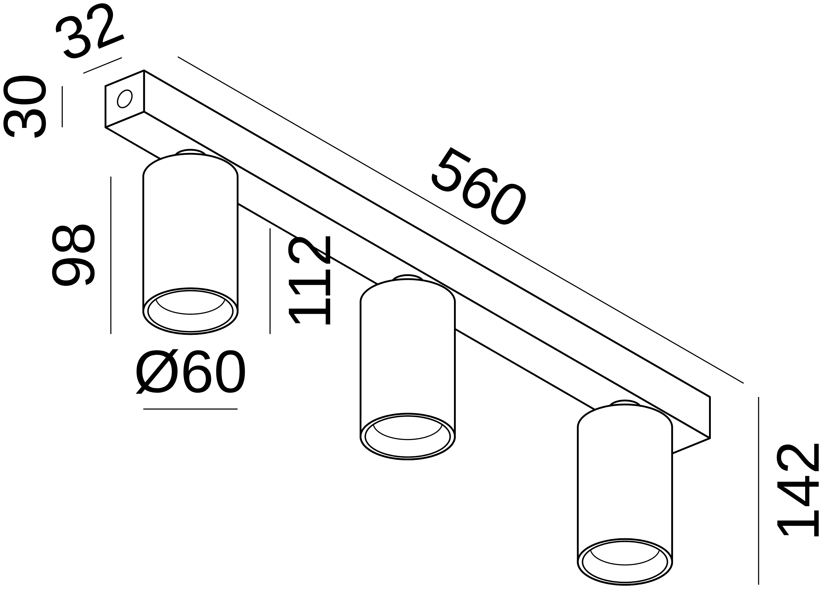 Maßzeichnung Connor 3 Aufbaustrahler: Montageplatte 560 × 32 × 30 mm, Zylinder Ø60 × 98 mm, 112 mm unter der Montageplatte, Höhe 142 mm