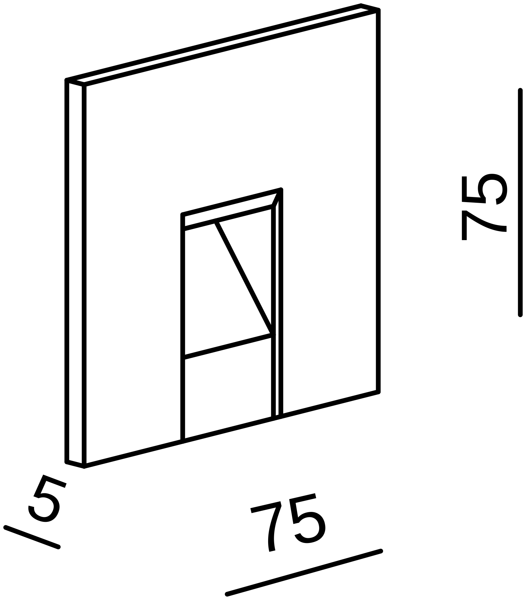 Plan coté de la plaque de finition carrée Anga : 75 × 75 mm, 5 mm d'épaisseur