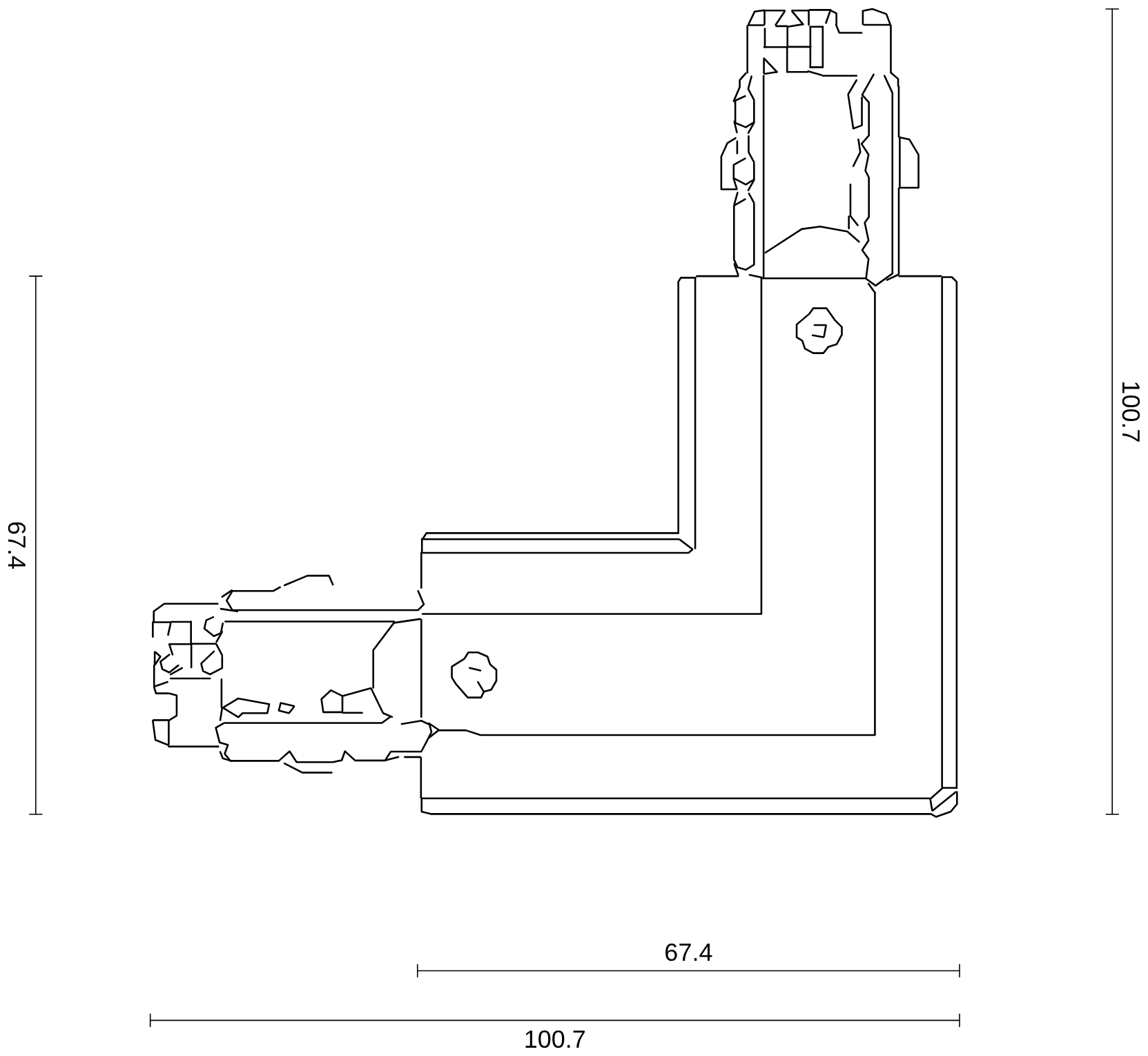 Maßzeichnung A-Track 3-Phasen-Eckverbinder 90°