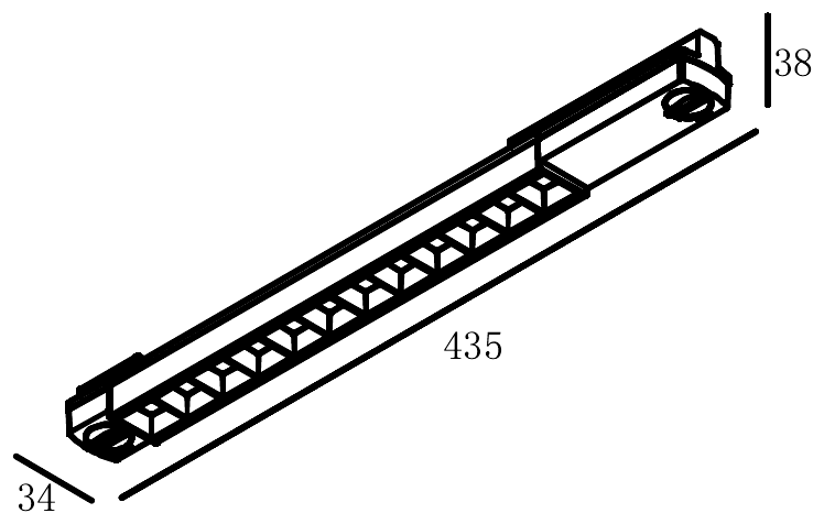 Maßzeichnung A-Line Dot 30 Schienenstrahler: L 435 × B 34 × H 38 mm, Höhe inklusive Adapter