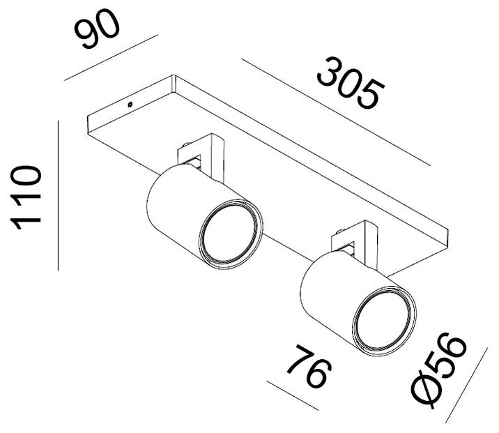 Maßzeichnung Kona 2 Aufbaustrahler: Montageplatte 305 × 90 mm, Höhe 110 mm, Strahler Ø56 × 76 mm