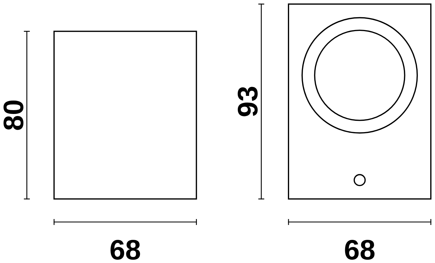 Maßzeichnung der Cube Down Wandleuchte: Vorderansicht 68 × 80 mm, Ausladung 93 mm