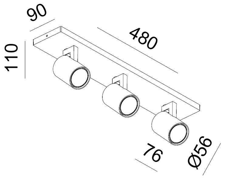 Maßzeichnung Kona 3 Aufbaustrahler: Montageplatte 480 × 90 mm, Höhe 110 mm, Strahler Ø56 × 76 mm