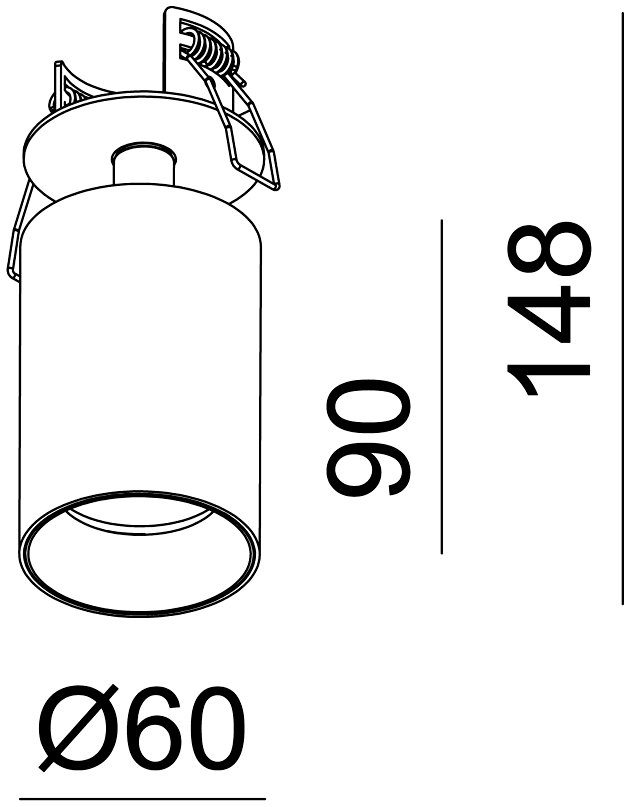 Maßzeichnung des Tuup Basic Halbeinbaustrahlers: Zylinder Ø60 × 90 mm, Gesamthöhe 148 mm