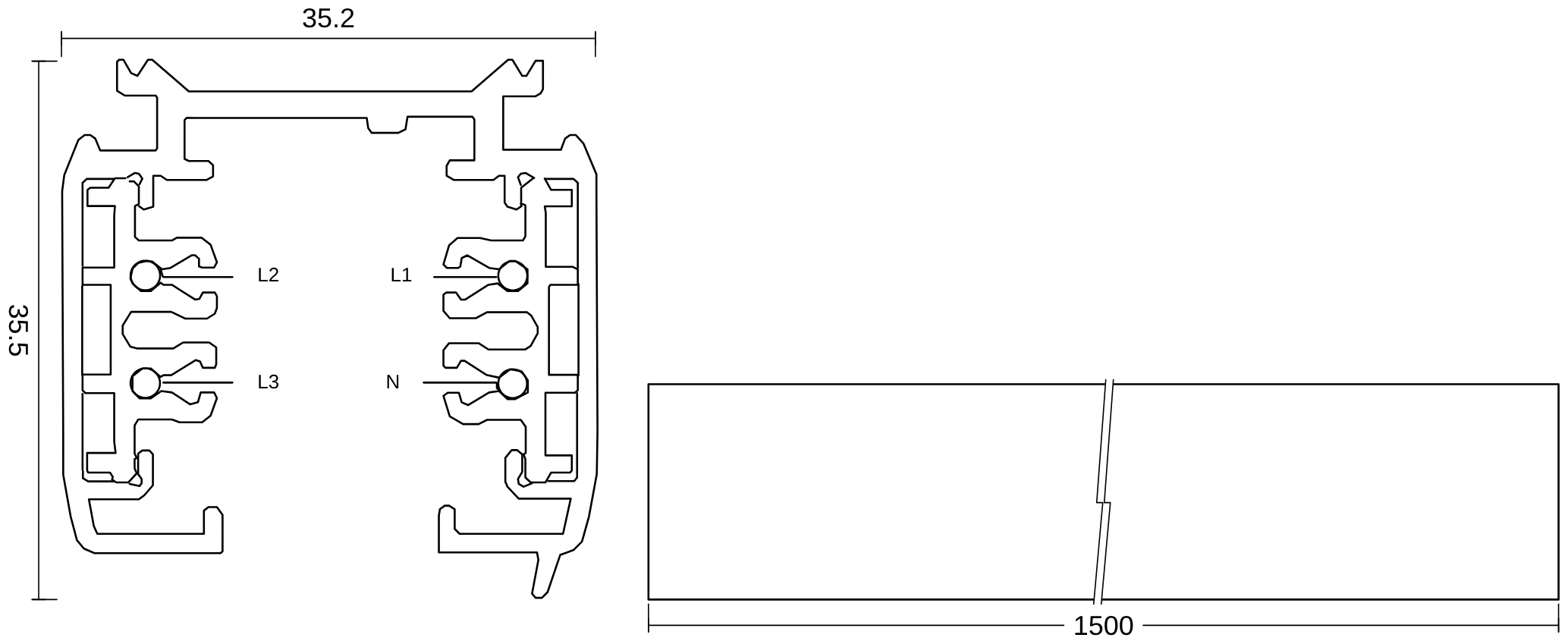 Plan coté A-Track 1,5 m Rail 3 phases